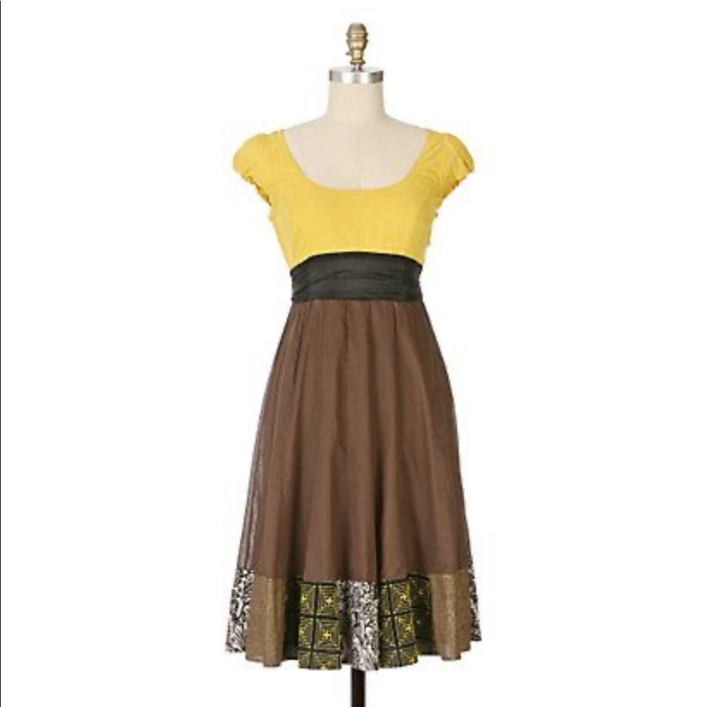Anthropologie yellow dress with embroidered stitching by Lithe Size 2